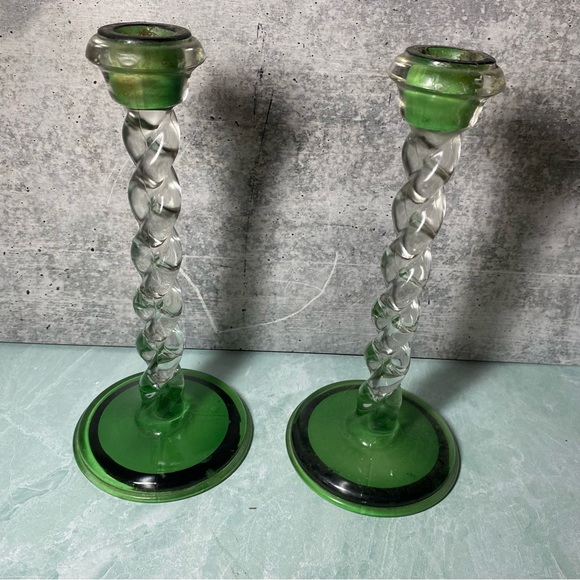 Vintage barley twist glass candlestick holders SET green and black detail MCM - Picture 3 of 5